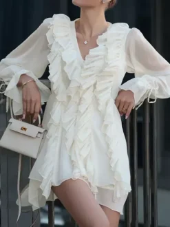 Apricot Ruffled Dress V-neck Long Sleeve Mini Dress For Women 2026