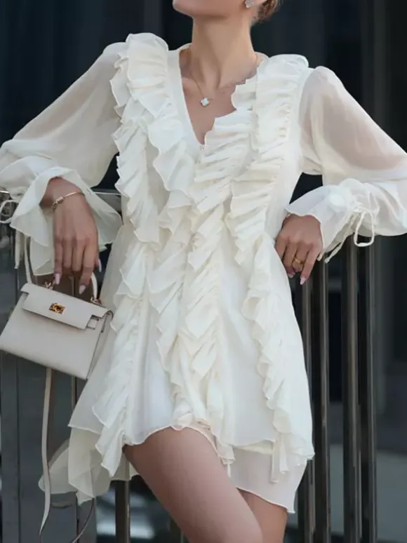 Apricot Ruffled Dress V-neck Long Sleeve Mini Dress For Women 2026