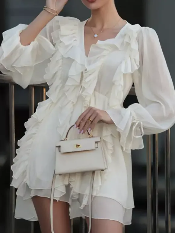 Apricot Ruffled Dress V-neck Long Sleeve Mini Dress For Women 2026
