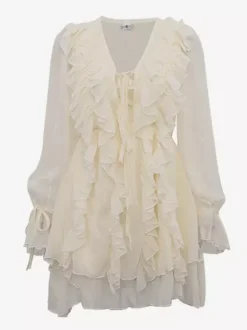 Apricot Ruffled Dress V-neck Long Sleeve Mini Dress For Women 2026