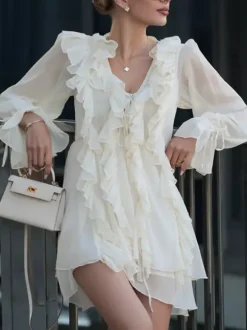 Apricot Ruffled Dress V-neck Long Sleeve Mini Dress For Women 2026