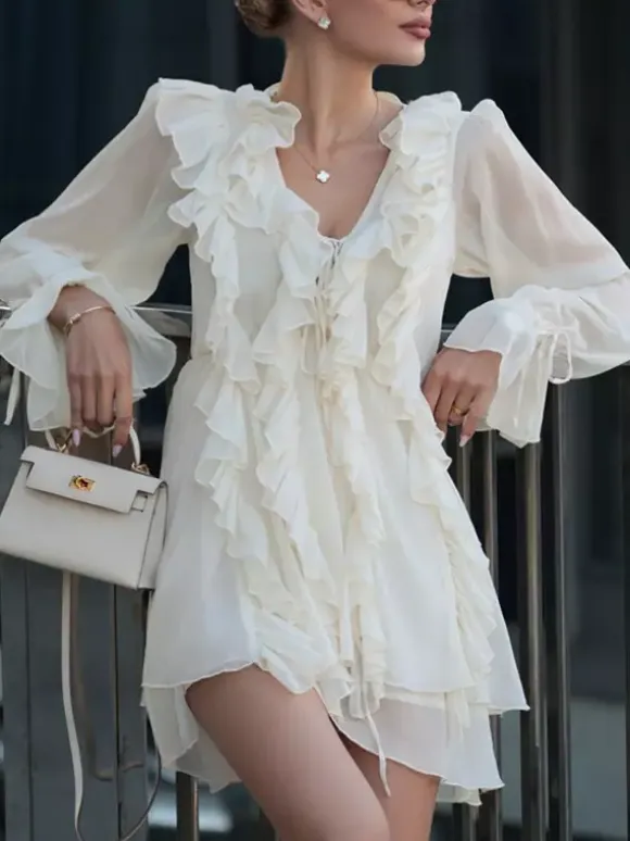 Apricot Ruffled Dress V-neck Long Sleeve Mini Dress For Women 2026