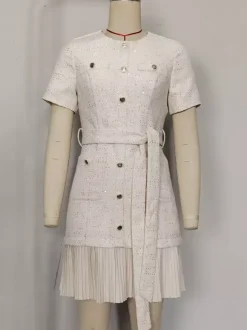 Apricot Tweed Dress With Short Sleeves And Gold Buttons For Summer 2026