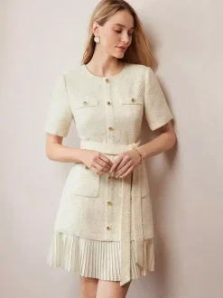 Apricot Tweed Dress With Short Sleeves And Gold Buttons For Summer 2026