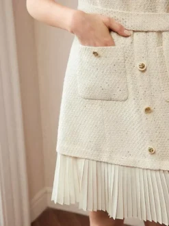 Apricot Tweed Dress With Short Sleeves And Gold Buttons For Summer 2026