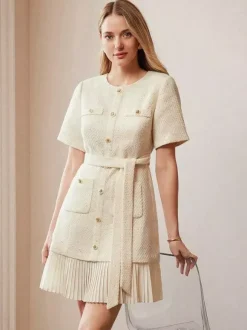 Apricot Tweed Dress With Short Sleeves And Gold Buttons For Summer 2026