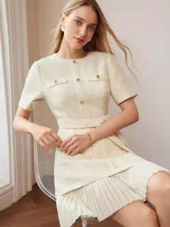 Apricot Tweed Dress With Short Sleeves And Gold Buttons For Summer 2026
