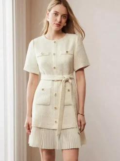 Apricot Tweed Dress With Short Sleeves And Gold Buttons For Summer 2026