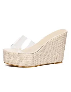 Apricot Wedge Sandals Clear Peep Toe Mule Espadrille Wedges