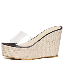 Apricot Wedge Sandals Clear Peep Toe Mule Espadrille Wedges
