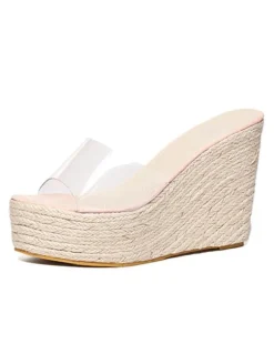 Apricot Wedge Sandals Clear Peep Toe Mule Espadrille Wedges