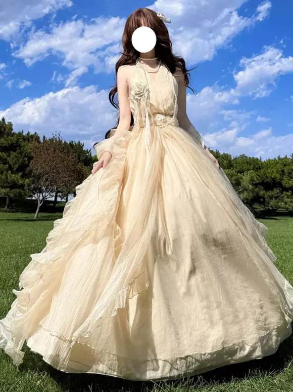 Apricot Fairy Lolita Dresses Sleeveless Halter Back Bow Prom Lolita Tea Party Dress