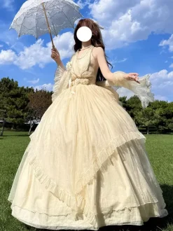 Apricot Fairy Lolita Dresses Sleeveless Halter Back Bow Prom Lolita Tea Party Dress