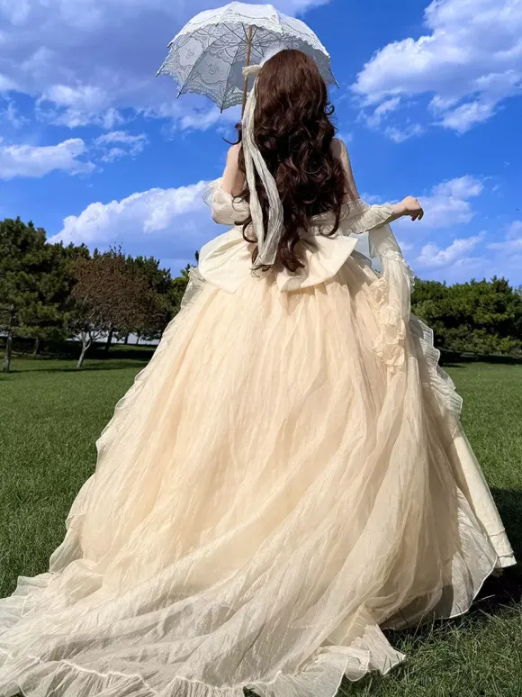 Apricot Fairy Lolita Dresses Sleeveless Halter Back Bow Prom Lolita Tea Party Dress