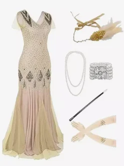 Apricot Retro Costumes Women's Fringe Sequins Marie Antoinette Costume Polyester Set Accessory Dress Retro Masquerade Ball Gown