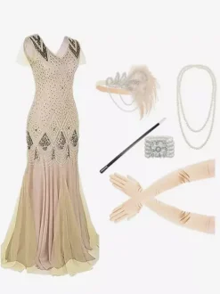 Apricot Retro Costumes Women's Fringe Sequins Marie Antoinette Costume Polyester Set Accessory Dress Retro Masquerade Ball Gown