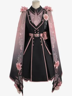 Army Lolita Poncho Black Polyester Chains Embroidered Floral Print Lolita Outwears