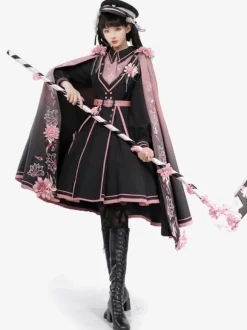 Army Lolita Poncho Black Polyester Chains Embroidered Floral Print Lolita Outwears