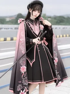 Army Lolita Poncho Black Polyester Chains Embroidered Floral Print Lolita Outwears
