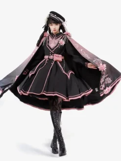 Army Lolita Poncho Black Polyester Chains Embroidered Floral Print Lolita Outwears