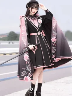 Army Lolita Poncho Black Polyester Chains Embroidered Floral Print Lolita Outwears