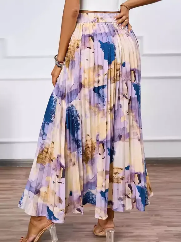Artistic Print Pleated Maxi Skirt For Women 2026