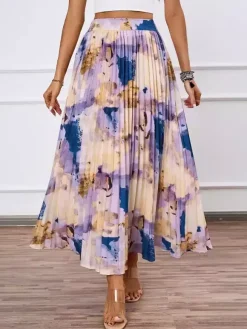 Artistic Print Pleated Maxi Skirt For Women 2026
