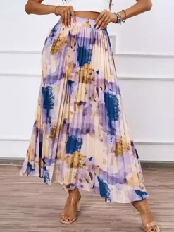 Artistic Print Pleated Maxi Skirt For Women 2026