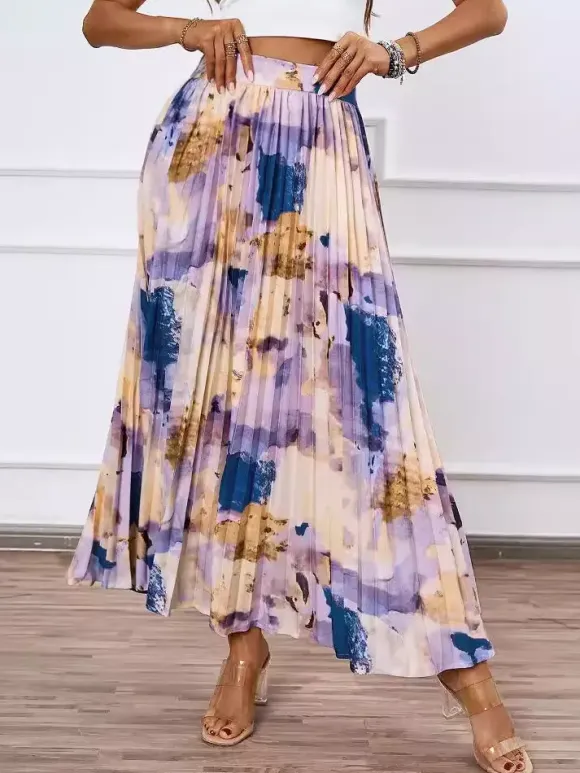 Artistic Print Pleated Maxi Skirt For Women 2026