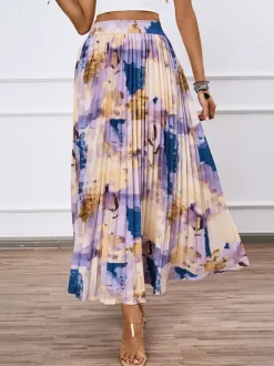 Artistic Print Pleated Maxi Skirt For Women 2026
