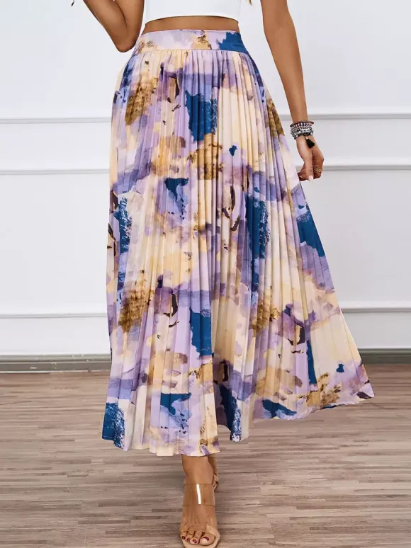 Artistic Print Pleated Maxi Skirt For Women 2026