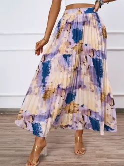 Artistic Print Pleated Maxi Skirt For Women 2026
