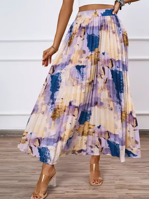 Artistic Print Pleated Maxi Skirt For Women 2026