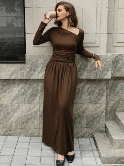 Asymmetric Neckline Long Sleeve Maxi Dress For Women 2026