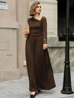 Asymmetric Neckline Long Sleeve Maxi Dress For Women 2026