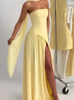Asymmetric Design Strapless Maxi Party Dress With Scarf For Women 2026