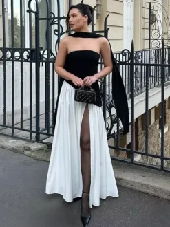 Asymmetric Design Strapless Maxi Party Dress With Scarf For Women 2026