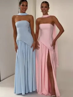 Asymmetric Design Strapless Maxi Party Dress With Scarf For Women 2026