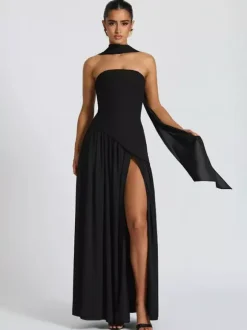Asymmetric Design Strapless Maxi Party Dress With Scarf For Women 2026