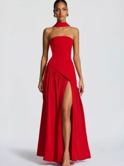 Asymmetric Design Strapless Maxi Party Dress With Scarf For Women 2026