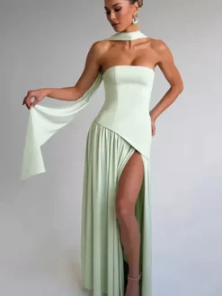 Asymmetric Design Strapless Maxi Party Dress With Scarf For Women 2026