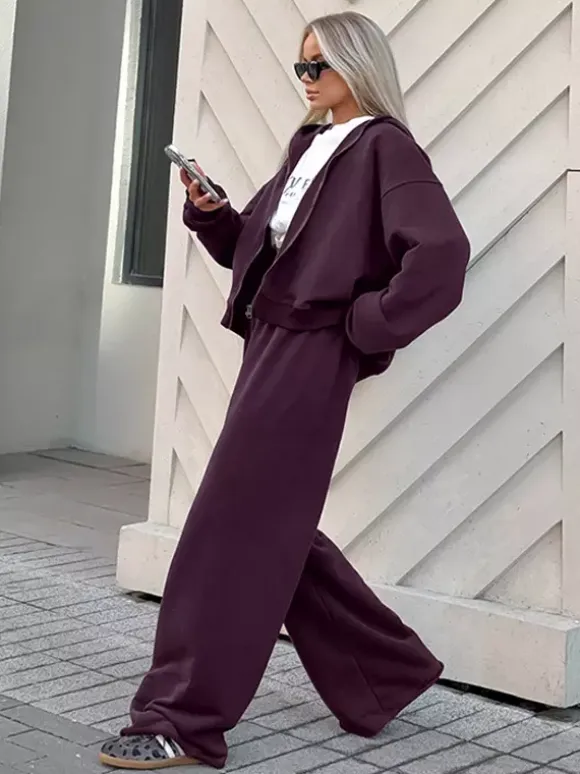 Athleisure Set For Active Women - Plum Hooded Zip-up Wide Leg Tracksuit - 2026 Spring Lounge & Yoga Wear