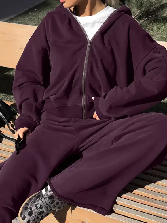 Athleisure Set For Active Women - Plum Hooded Zip-up Wide Leg Tracksuit - 2026 Spring Lounge & Yoga Wear