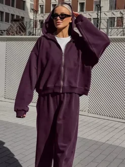 Athleisure Set For Active Women - Plum Hooded Zip-up Wide Leg Tracksuit - 2026 Spring Lounge & Yoga Wear