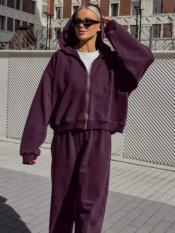 Athleisure Set For Active Women - Plum Hooded Zip-up Wide Leg Tracksuit - 2026 Spring Lounge & Yoga Wear