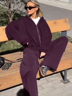 Athleisure Set For Active Women - Plum Hooded Zip-up Wide Leg Tracksuit - 2026 Spring Lounge & Yoga Wear