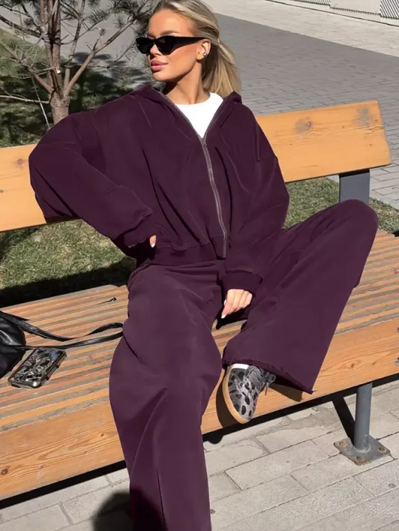 Athleisure Set For Active Women - Plum Hooded Zip-up Wide Leg Tracksuit - 2026 Spring Lounge & Yoga Wear