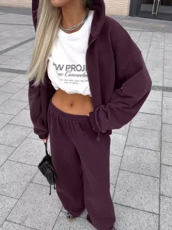 Athleisure Set For Active Women - Plum Hooded Zip-up Wide Leg Tracksuit - 2026 Spring Lounge & Yoga Wear