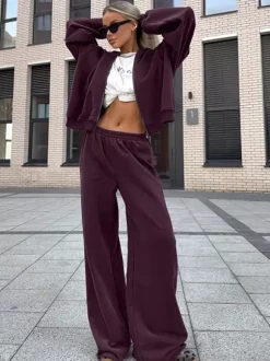 Athleisure Set For Active Women - Plum Hooded Zip-up Wide Leg Tracksuit - 2026 Spring Lounge & Yoga Wear