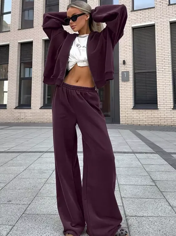 Athleisure Set For Active Women - Plum Hooded Zip-up Wide Leg Tracksuit - 2026 Spring Lounge & Yoga Wear